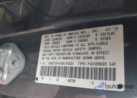 2010 Honda Accord 2.4 Lx-P z USA, uszkodzony, nr VIN 1HGCP2F41AA114021